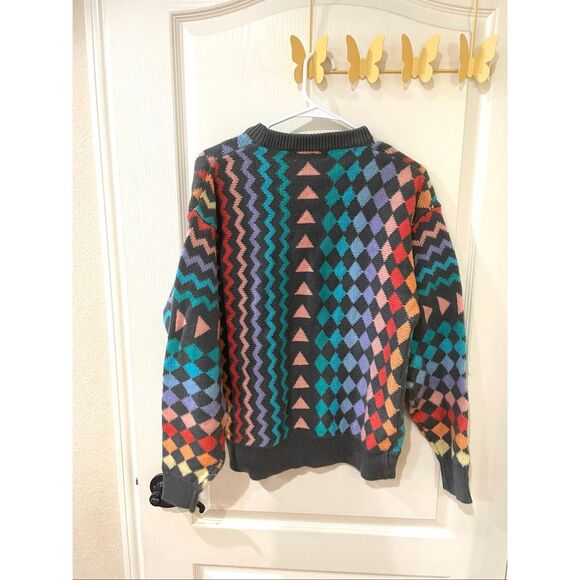VTG Saturdays Sweater Mens S Gray Teal Purple Pink Red Geometric Knit Crewneck - Picture 3 of 3